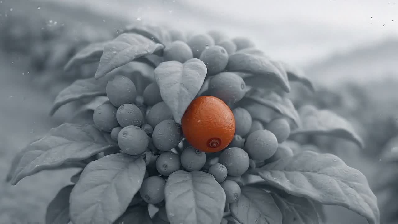 A miniature coffee slope seen from high above: rows of grey coffee trees in mist, one amber-red cherry the only colour in the frame.
