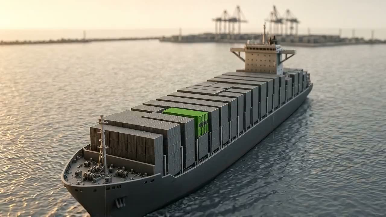 A miniature container terminal seen from high above: a container ship inbound from open water, one green container among hundreds of grey ones on its deck.