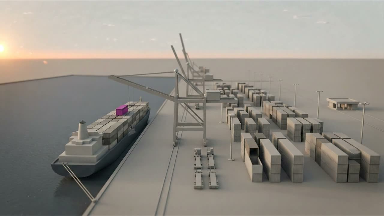 First light over a miniature container terminal: a ship alongside the quay with one magenta container on its top tier, the only saturated colour in the frame.