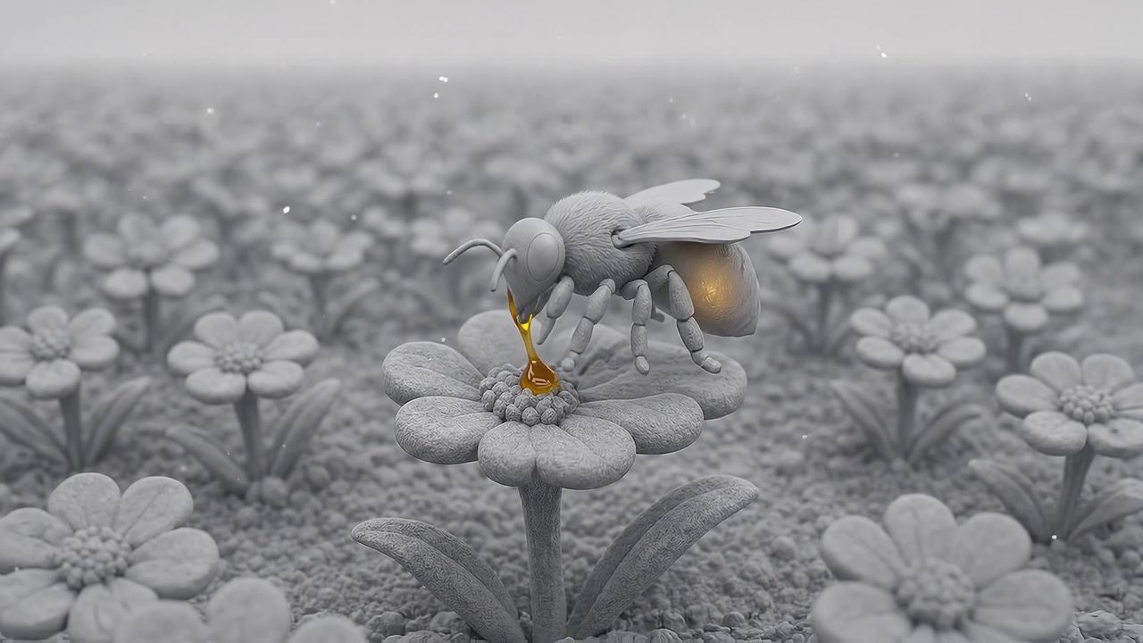 A miniature meadow of identical grey flowers; at the centre of one flower a single bead of amber honey, the only colour in the frame.