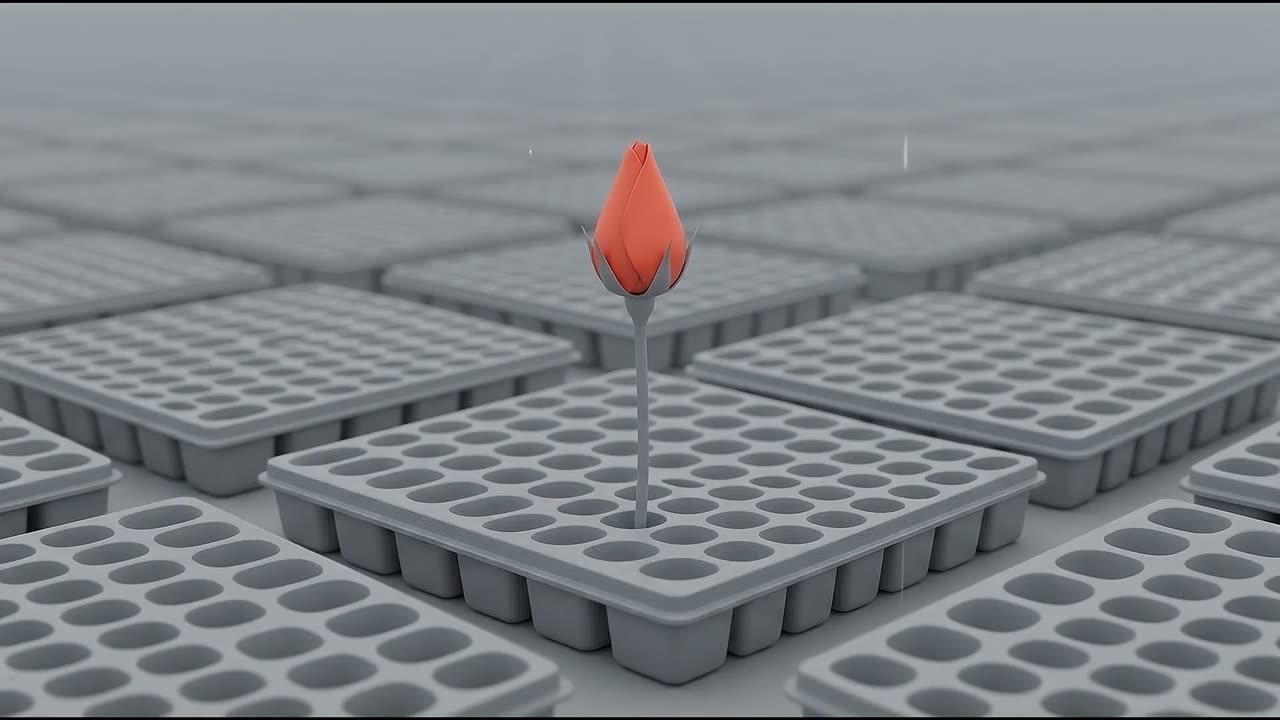 A cool-grey miniature world: one coral-red rose bud standing in a plug tray among a field of identical grey trays, the only saturated colour in the frame.