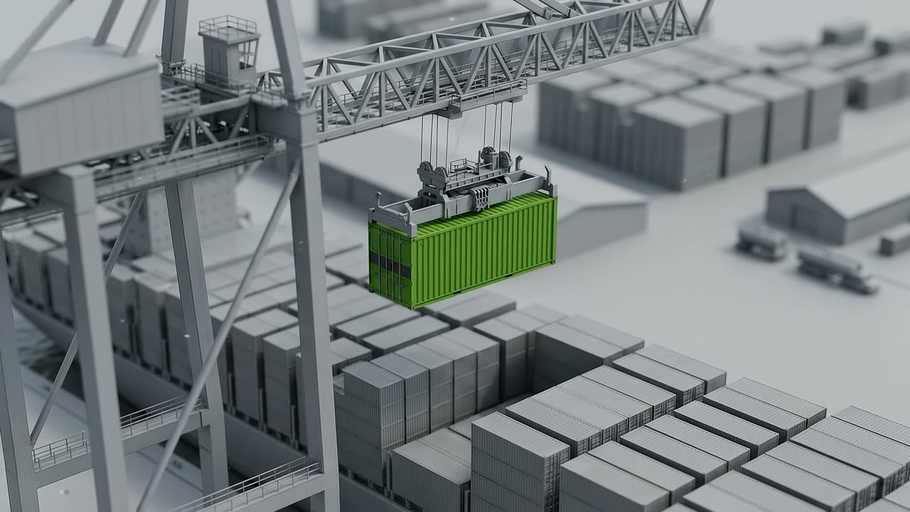 A cool-grey miniature container terminal: one green container hanging from a ship-to-shore crane above a vessel's deck stack, the only saturated colour in the frame.