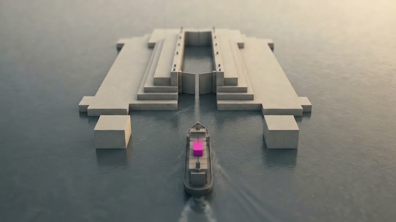 A miniature stepped stone lock platform standing alone in grey water, a small container ship sailing toward it with one magenta container on its deck, the only saturated colour in the frame.
